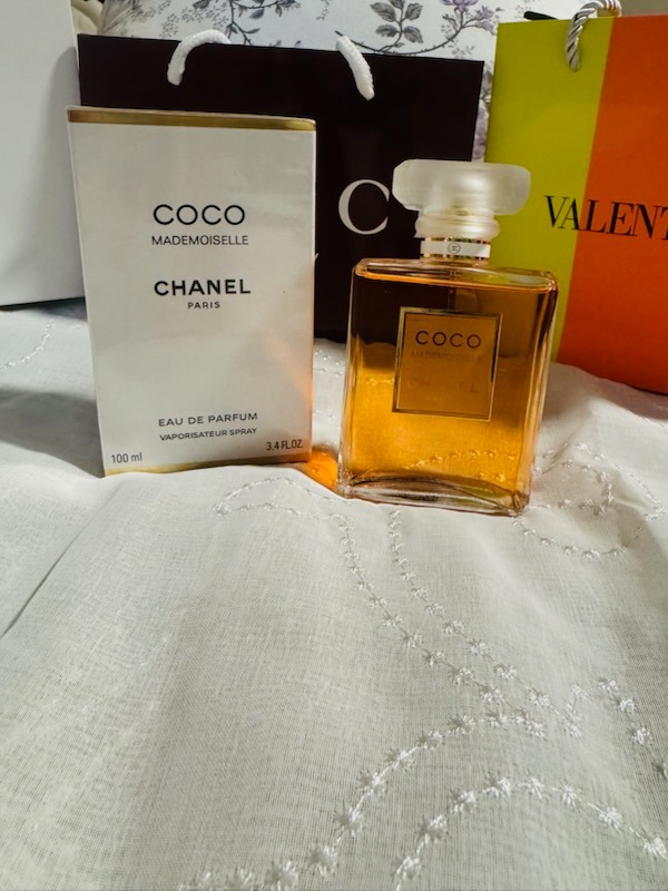 Chanel Coco Mademoiselle Eau De Parfum 100ml amber spray bottle with original white box and Valentino shopping bag