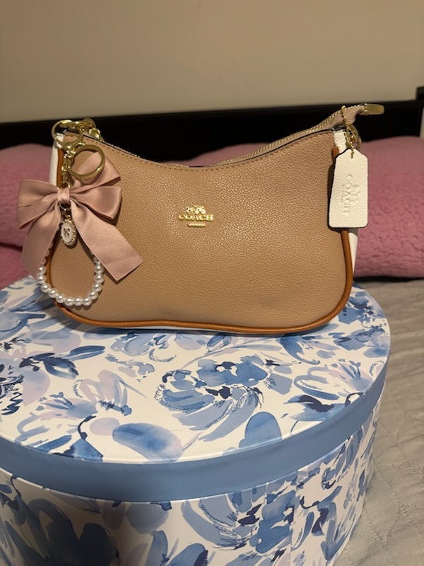 Beige tan Coach leather shoulder bag with pink satin bow charm pearl beaded chain gold hardware zipper closure displayed on blue floral patterned box