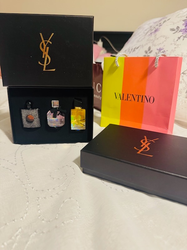 YSL Yves Saint Laurent miniature perfume trios set with luxury presentation box and Valentino gift bag