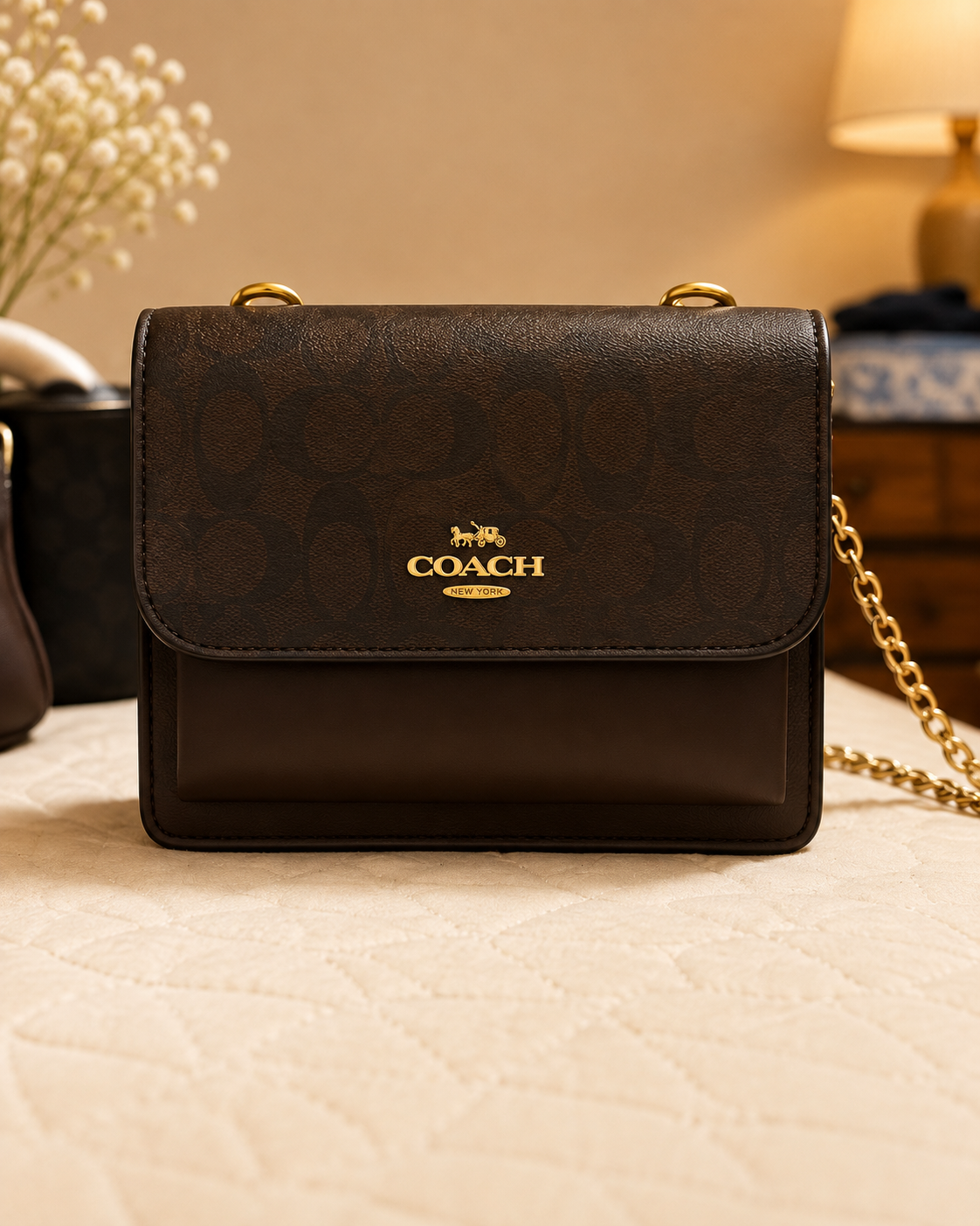 Dark brown Coach leather shoulder bag with gold horse and carriage logo, gold chain strap, and structured flap closure on quilted bed with lamp background
