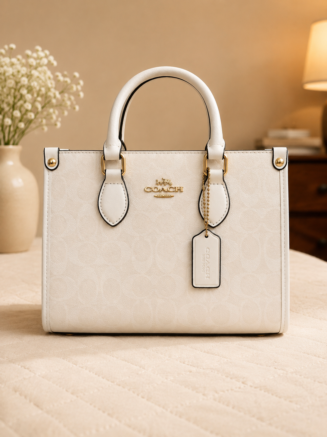 White leather Coach tote bag with gold hardware dual handles and embossed logo tag, luxury designer handbag on neutral background