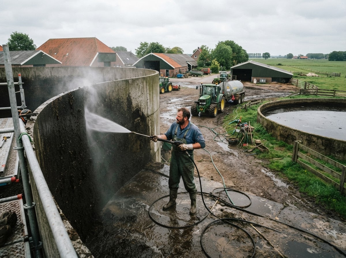 Silo en mestbassin reinigen op een agrarisch erf