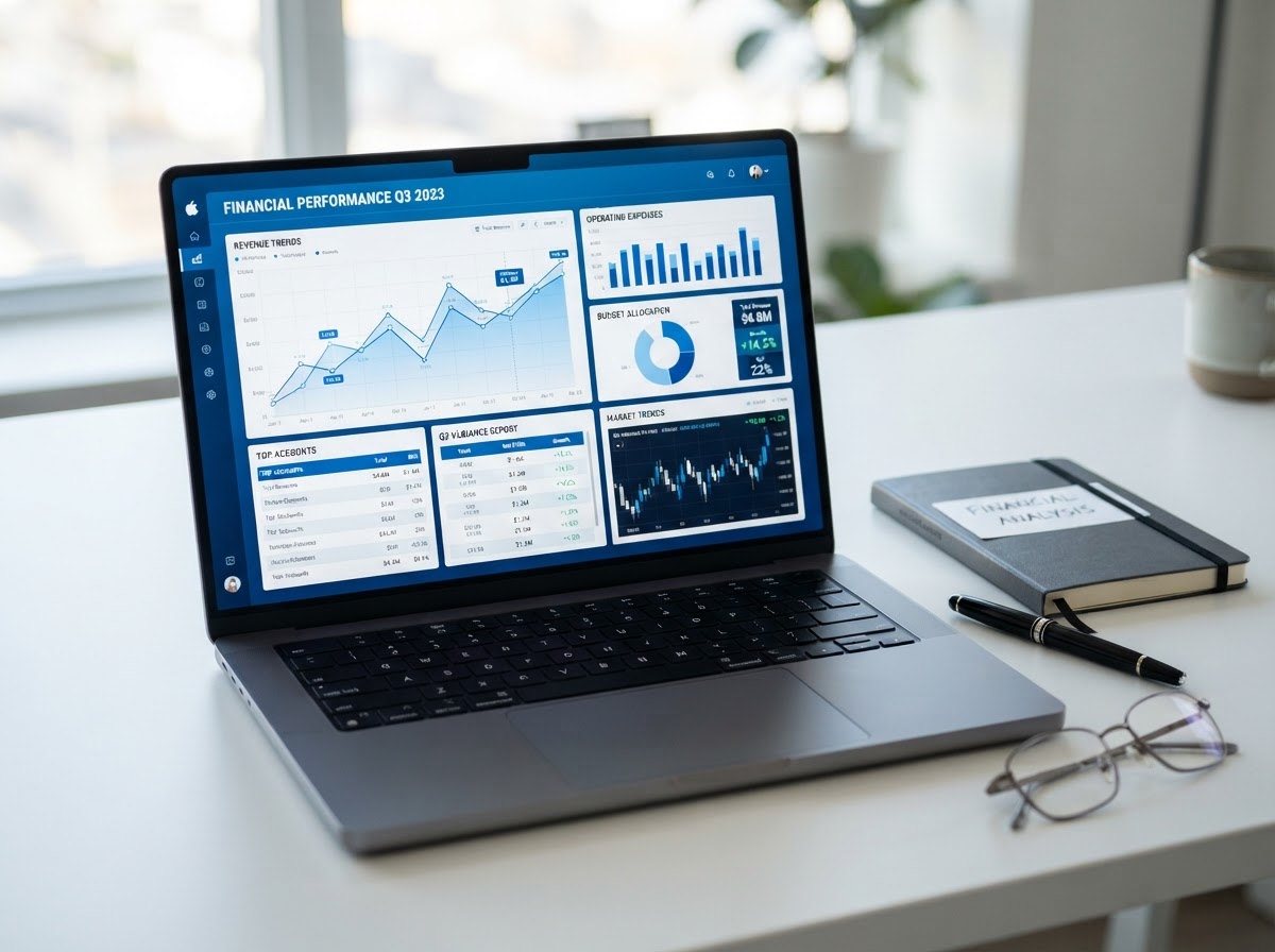 Laptop s financijskim izvještajima u modernom uredu