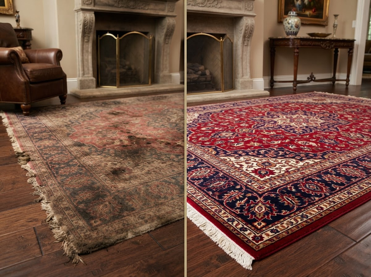 Avant et après nettoyage de tapis — transformation spectaculaire d'un tapis persan