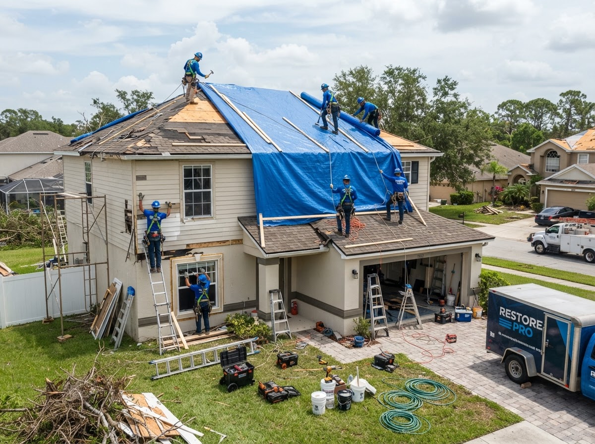 911 Mitigation Inc. Storm & Hurricane Damage Restoration Storm damage roof tarping and exterior repairs by 911 Mitigation Inc.