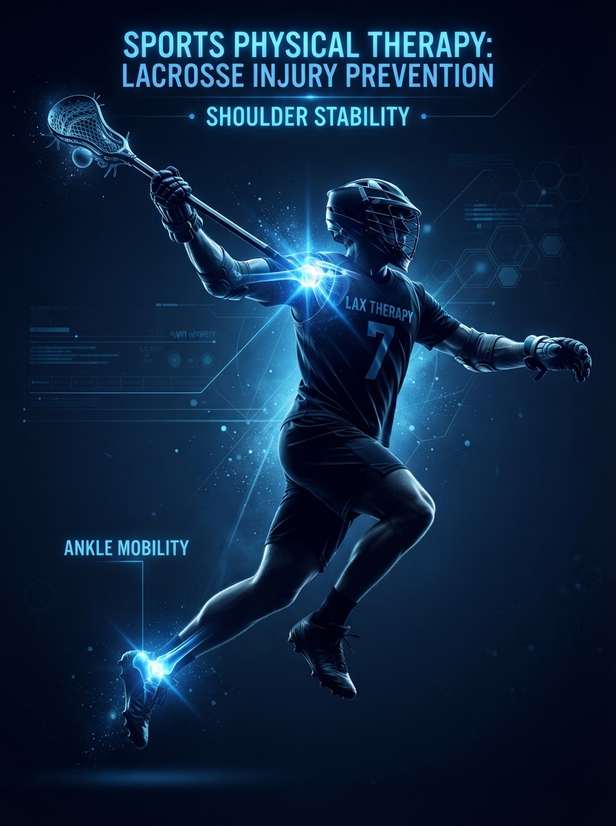 Lacrosse player with glowing blue shoulder and ankle injury hotspot areas — sports physical therapy Woodstock GA