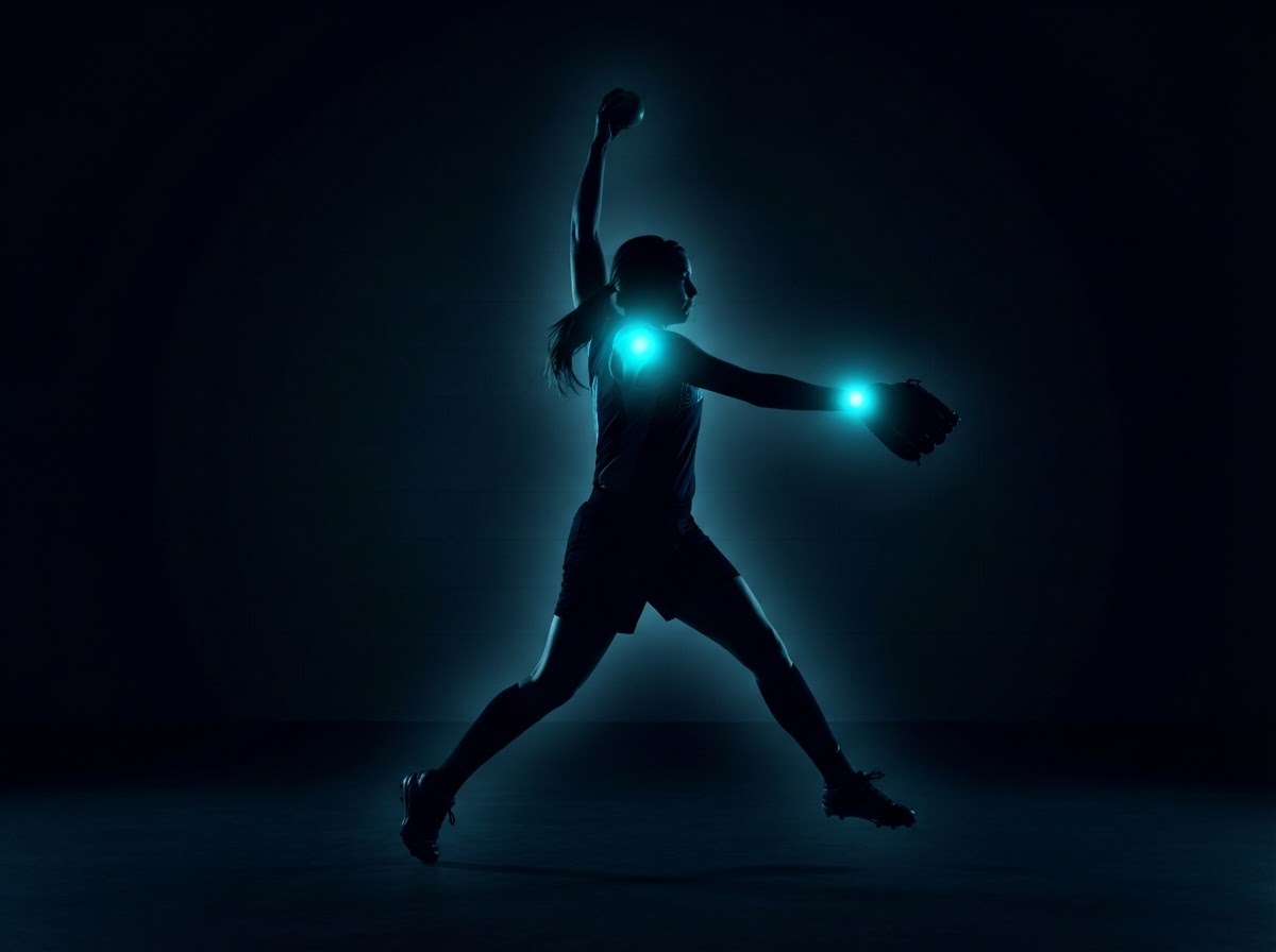 Softball player silhouette with glowing shoulder and wrist injury hotspot areas — sports physical therapy Woodstock GA