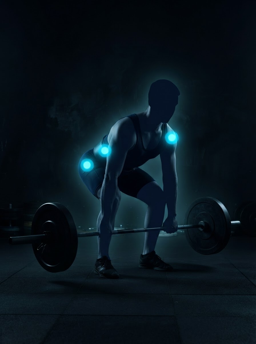 Competitive lifter silhouette with glowing lower back hip and shoulder injury hotspot areas — sports physical therapy Woodstock GA