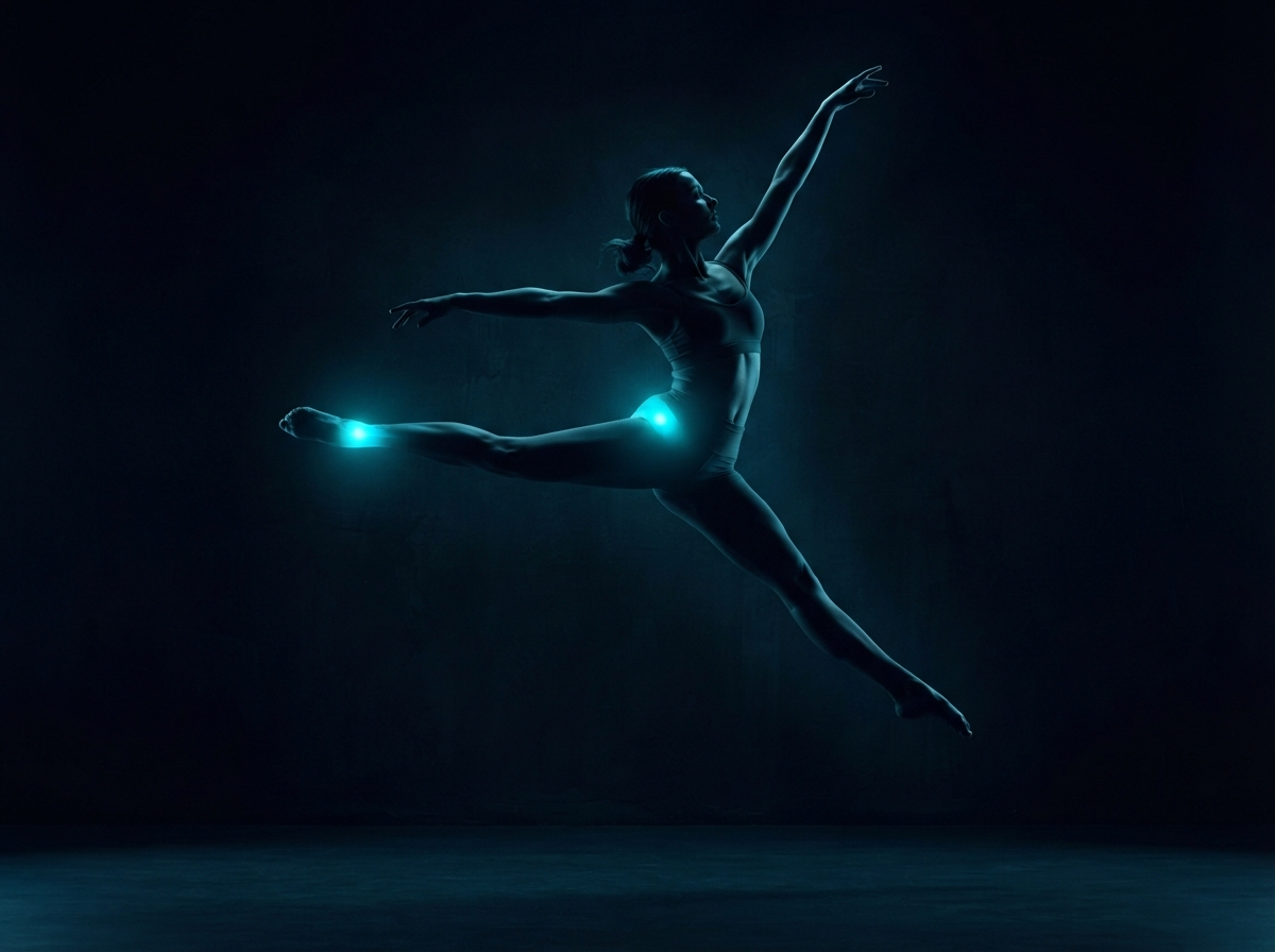Contemporary dancer silhouette with glowing foot ankle and hip injury hotspot areas — sports physical therapy Woodstock GA