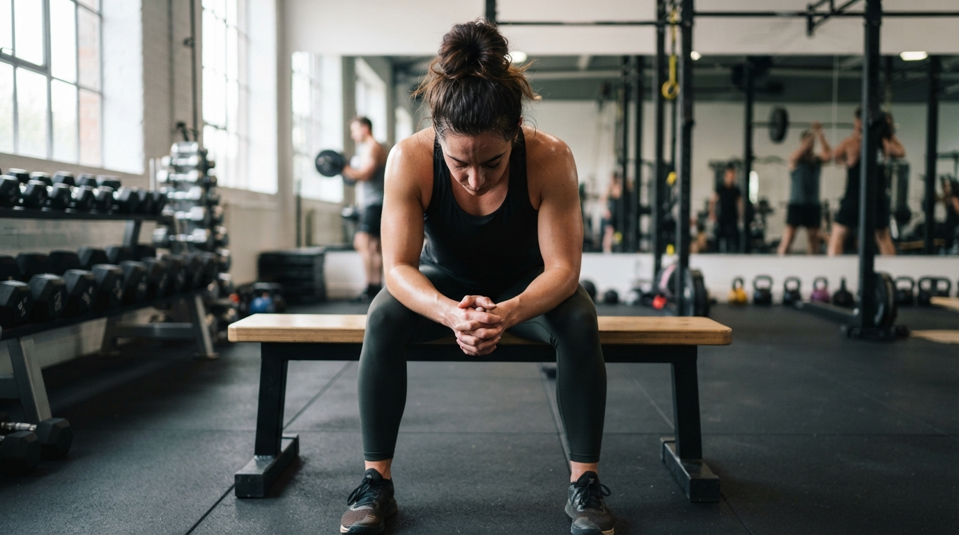 Athlete in deep mental preparation on a gym bench — mental resilience in sports