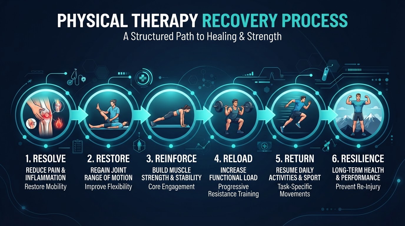 6-step physical therapy recovery process infographic: Resolve, Restore, Reinforce, Reload, Return, Resilience at Incline Performance Therapy