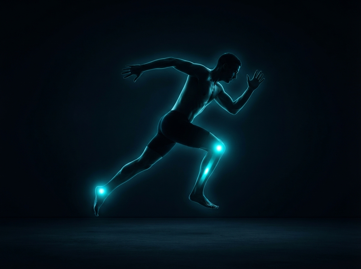 Runner silhouette with glowing knee shin and achilles injury hotspot areas — sports physical therapy Woodstock GA