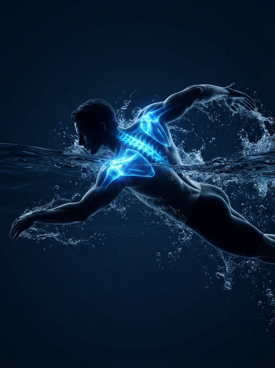 Swimmer with glowing blue shoulder and upper back injury hotspot areas — sports physical therapy Woodstock GA