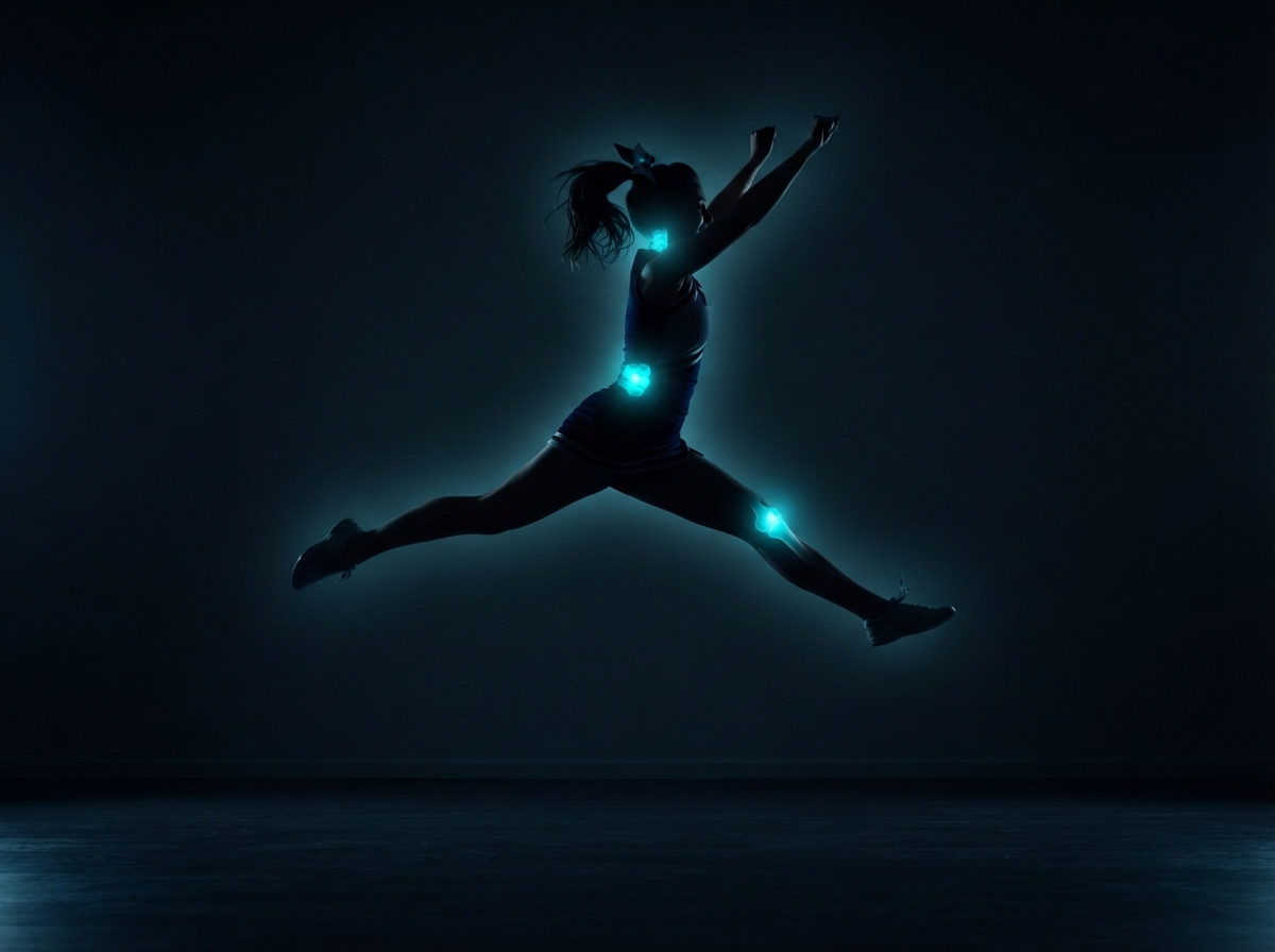 Cheerleader silhouette with glowing spine and knee injury hotspot areas — sports physical therapy Woodstock GA