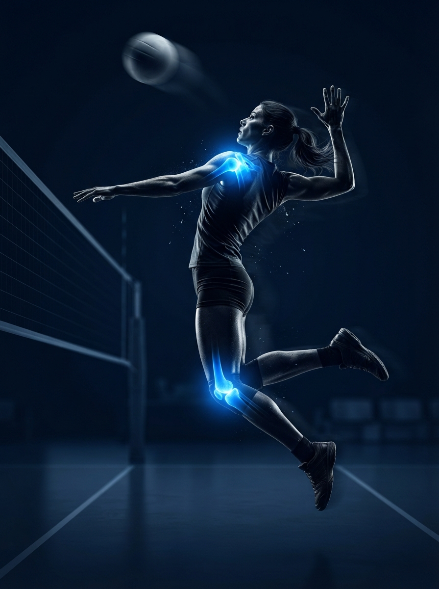 Volleyball player with glowing blue shoulder and knee injury hotspot areas — sports physical therapy Woodstock GA