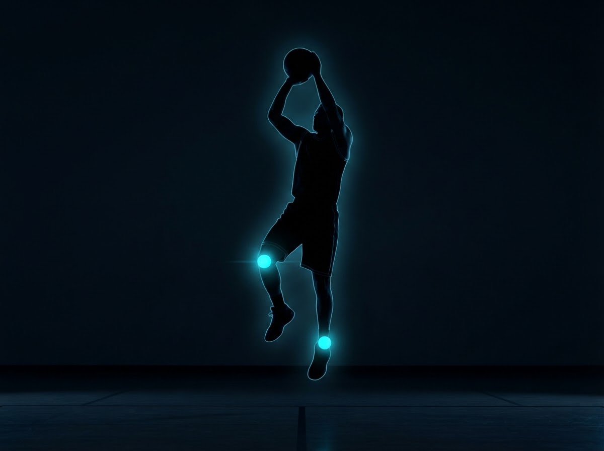 Basketball player silhouette with glowing knee and ankle injury hotspot areas — sports physical therapy Woodstock GA