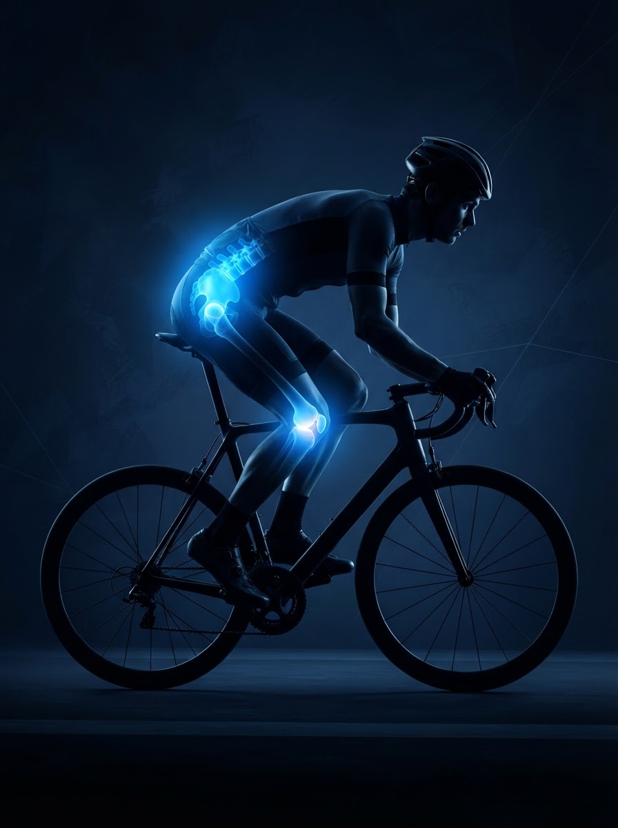 Cyclist with glowing blue lower back, hip, and knee injury hotspot areas — sports physical therapy Woodstock GA