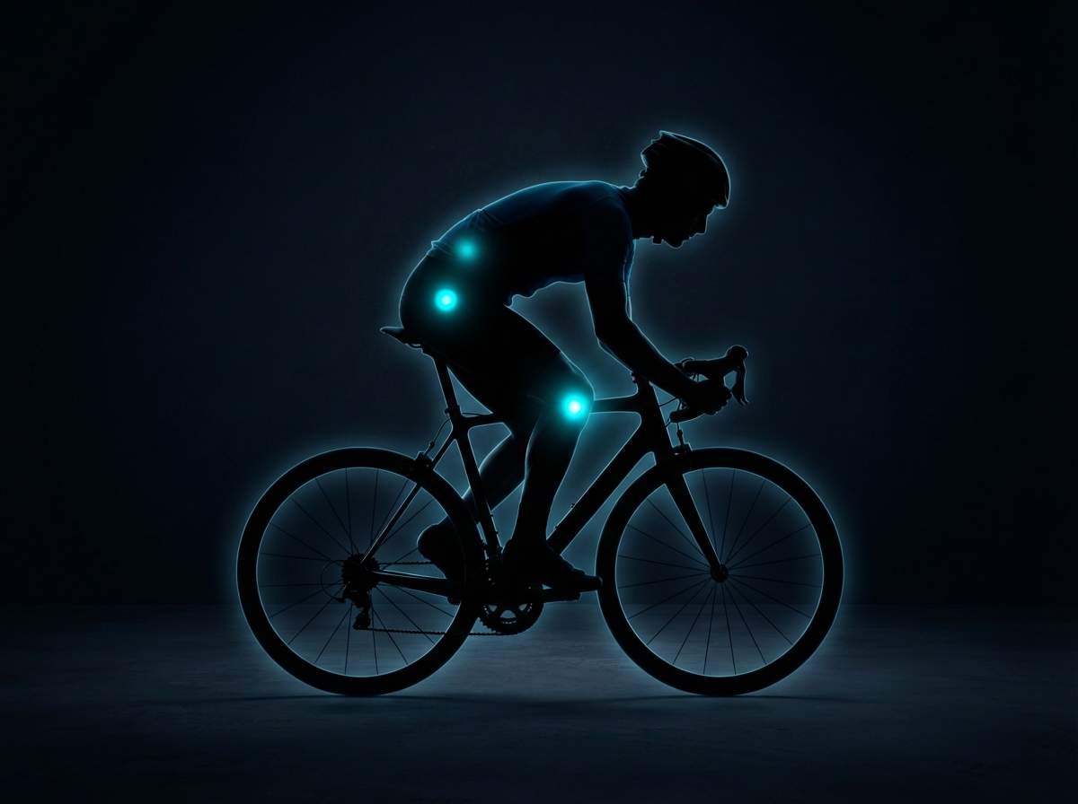 Cyclist silhouette with glowing lower back and hip knee injury hotspot areas — sports physical therapy Woodstock GA