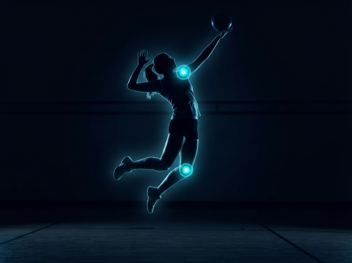 Volleyball player silhouette with glowing shoulder and knee injury hotspot areas — sports physical therapy Woodstock GA