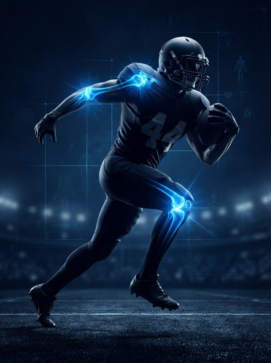 Football player with glowing blue shoulder, elbow, and knee injury hotspot areas — sports physical therapy Woodstock GA