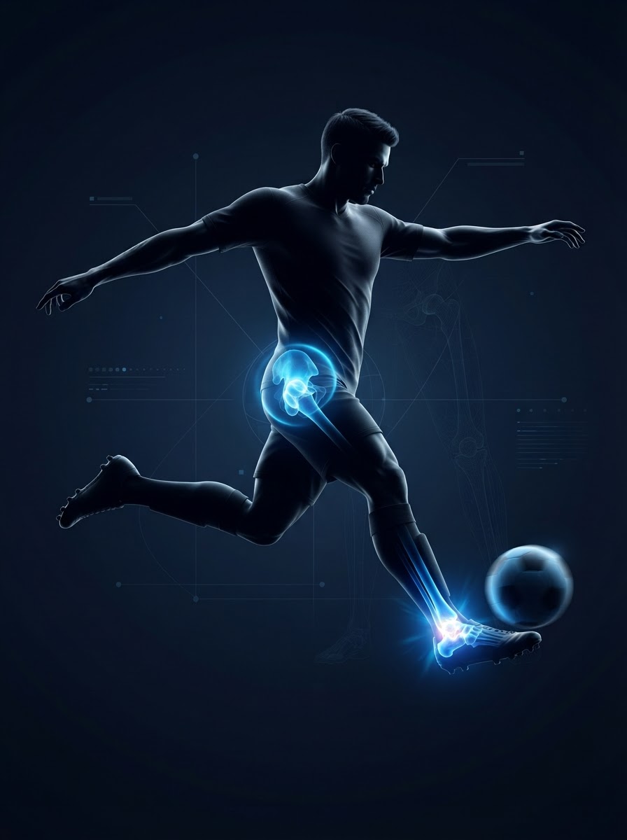 Soccer player with glowing blue ankle and hip injury hotspot areas — sports physical therapy Woodstock GA
