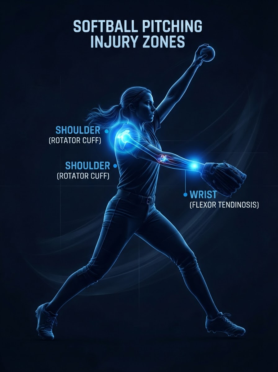 Softball player with glowing blue shoulder and wrist injury hotspot areas — sports physical therapy Woodstock GA