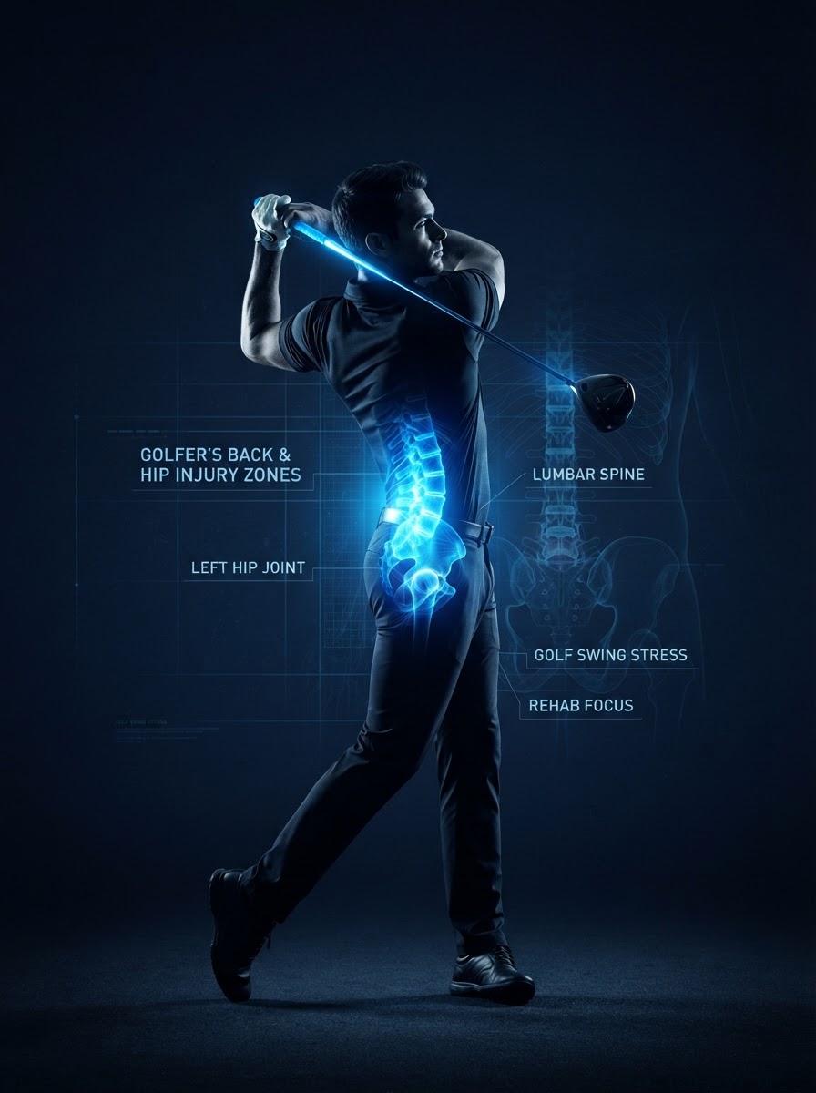 Golfer with glowing blue lumbar spine and hip injury hotspot areas — sports physical therapy Woodstock GA