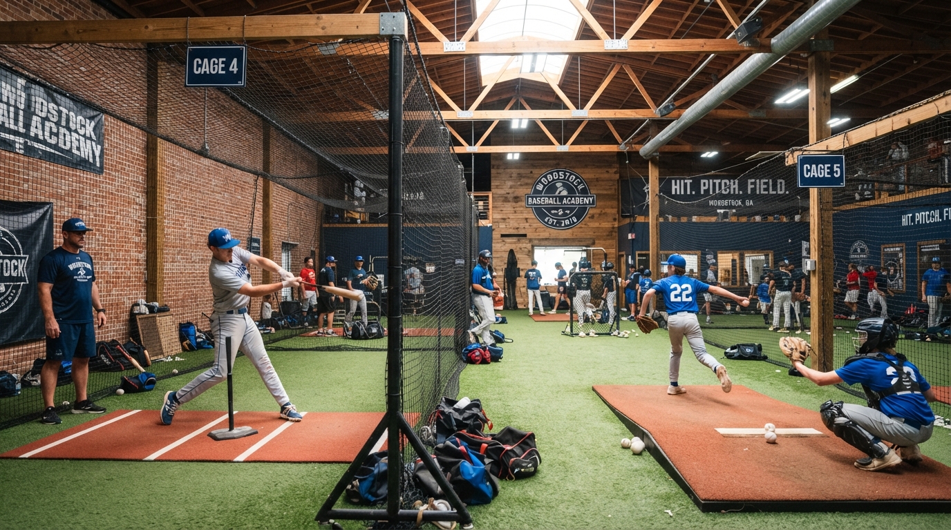 Ninth Inning Baseball training facility with athletes practicing hitting and pitching drills