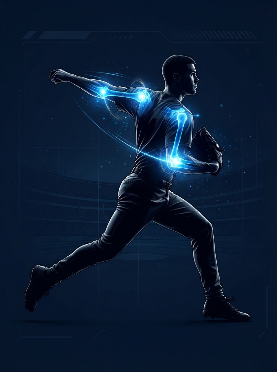 Baseball pitcher with glowing blue shoulder and elbow injury hotspot areas — sports physical therapy Woodstock GA