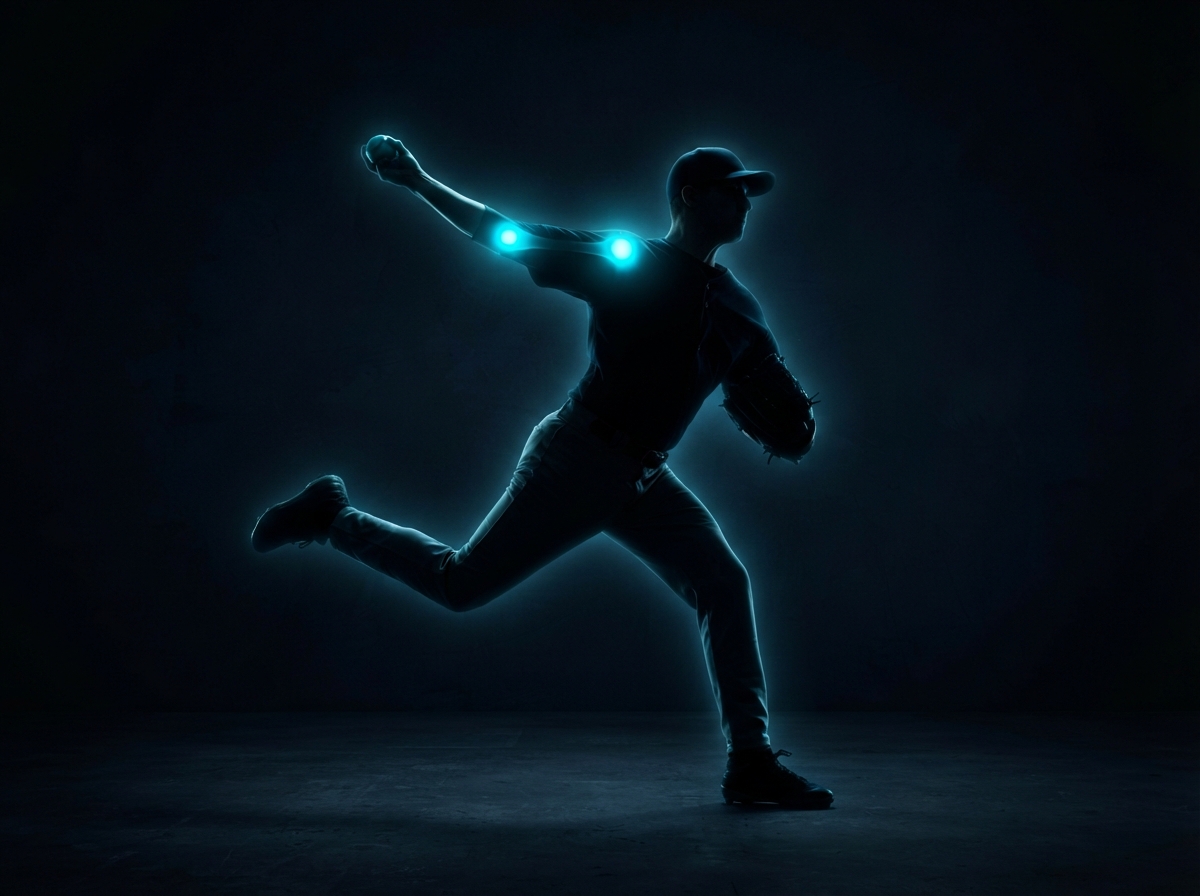 Baseball pitcher silhouette with glowing shoulder and elbow injury hotspot areas — sports physical therapy Woodstock GA