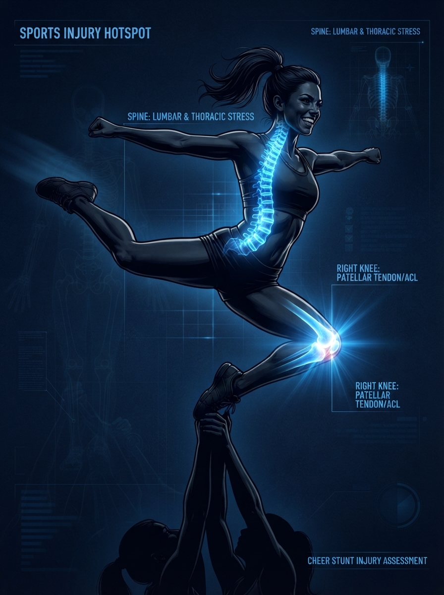 Cheerleader with glowing blue spine and knee injury hotspot areas — sports physical therapy Woodstock GA