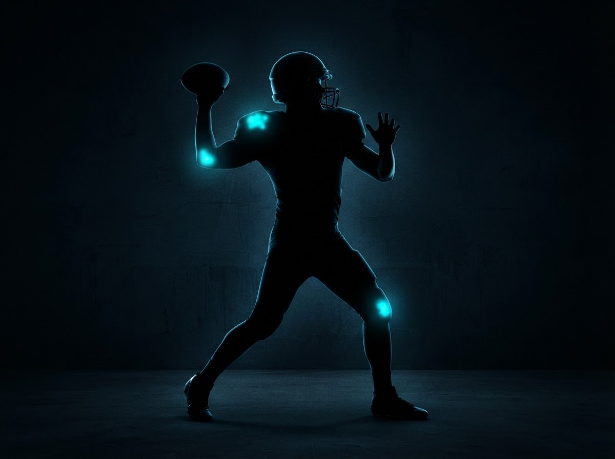 Football player silhouette with glowing shoulder, elbow, and knee injury hotspot areas — sports physical therapy Woodstock GA