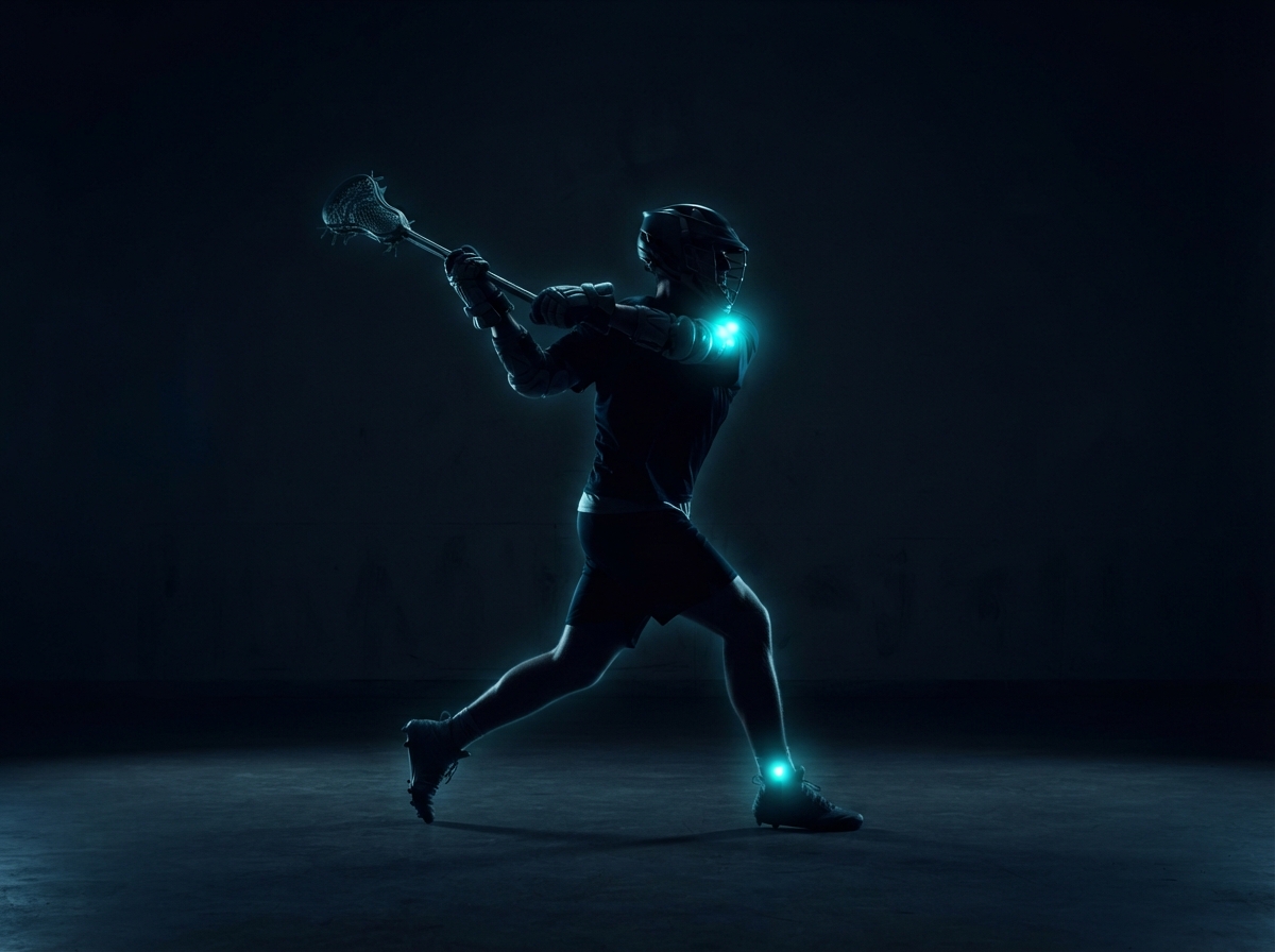 Lacrosse player silhouette with glowing shoulder and ankle injury hotspot areas — sports physical therapy Woodstock GA