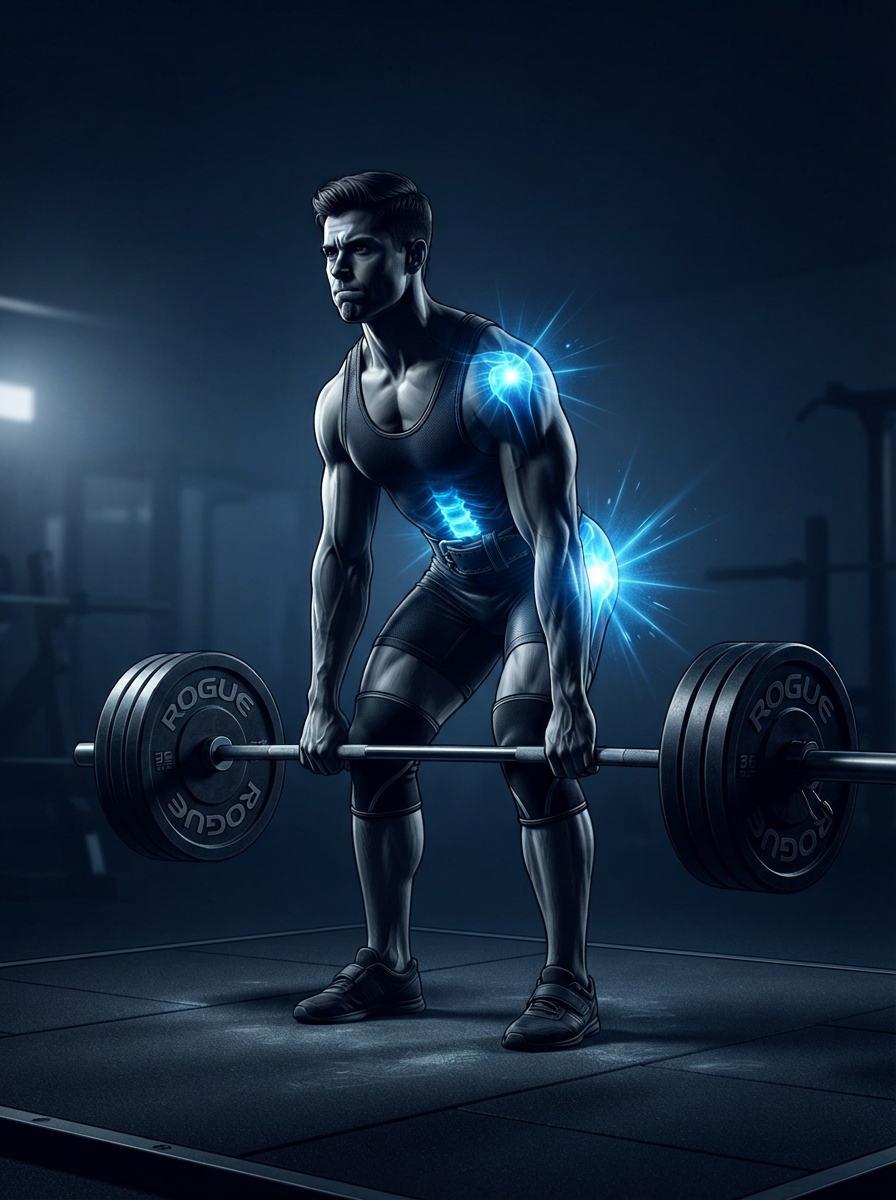 Competitive lifter with glowing blue lower back, hip, and shoulder injury hotspot areas — sports physical therapy Woodstock GA