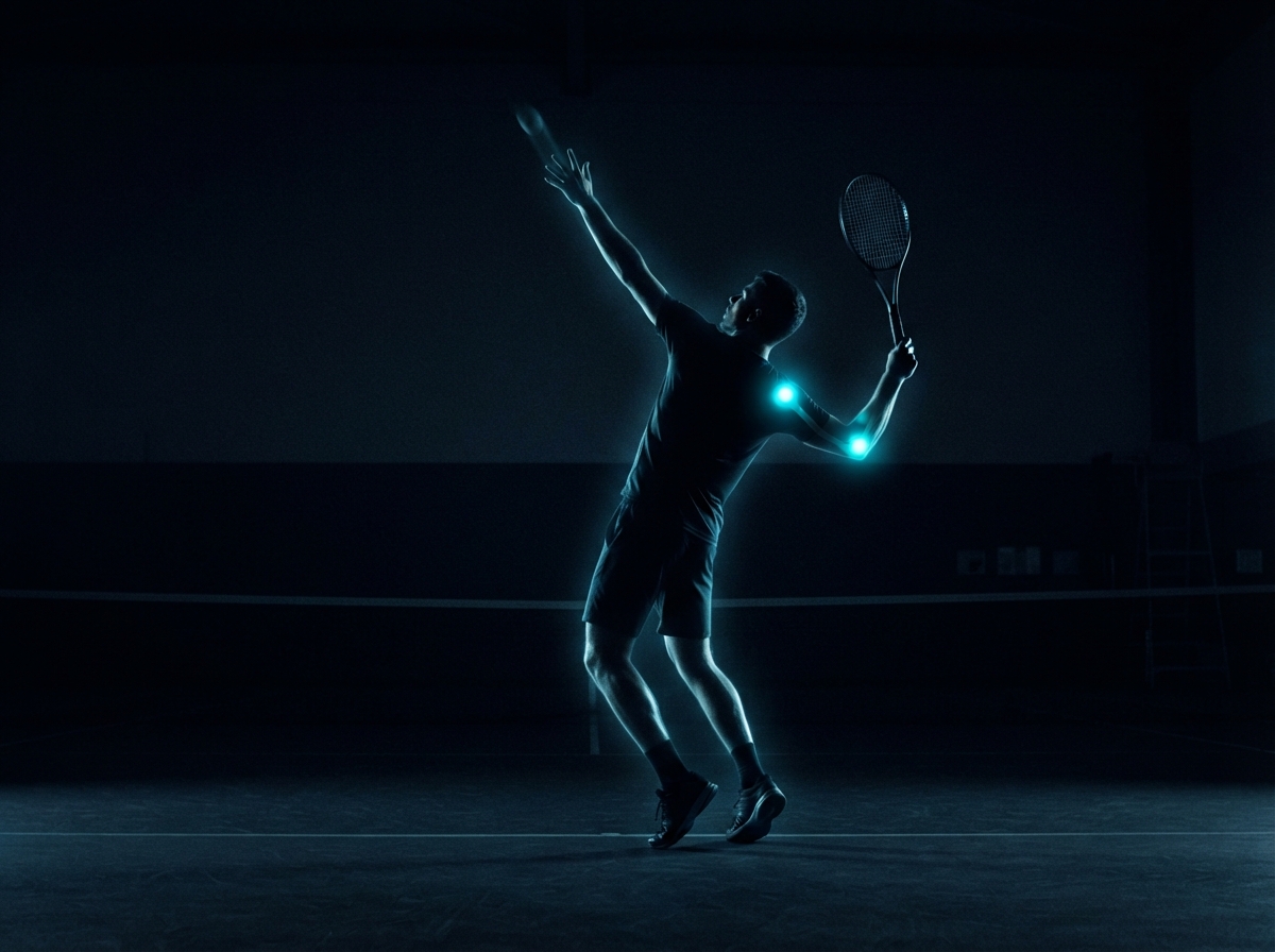 Tennis player silhouette with glowing elbow and shoulder injury hotspot areas — sports physical therapy Woodstock GA