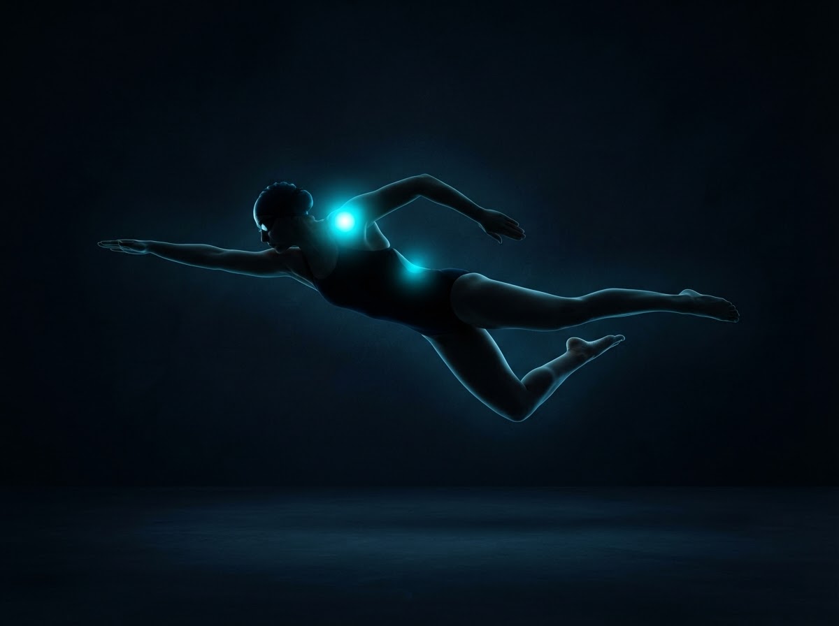 Swimmer silhouette with glowing shoulder and upper back injury hotspot areas — sports physical therapy Woodstock GA