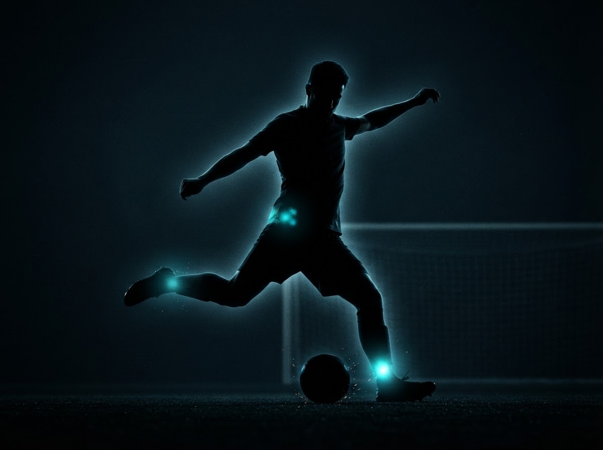 Soccer player silhouette with glowing ankle and hip injury hotspot areas — sports physical therapy Woodstock GA