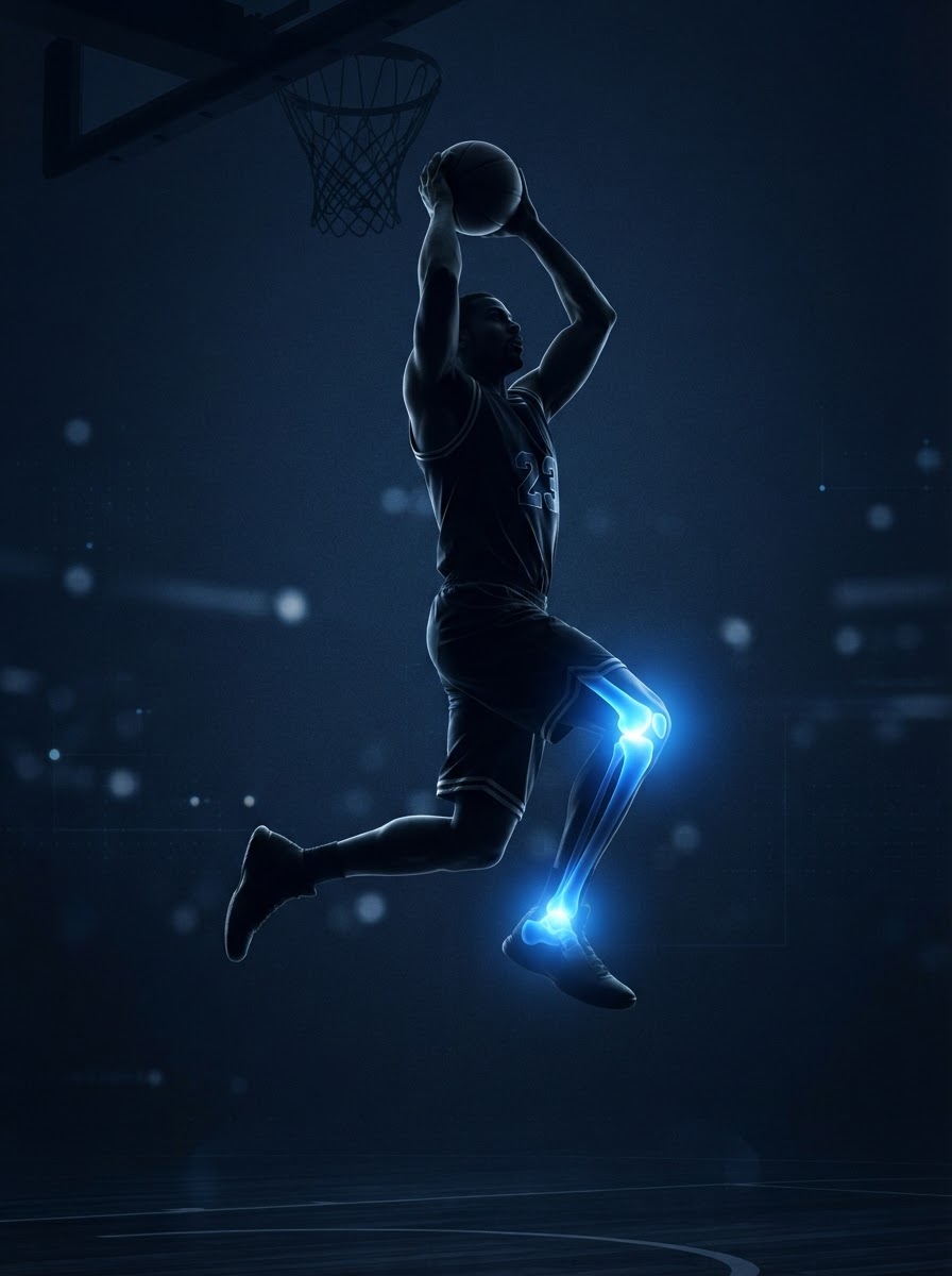 Basketball player with glowing blue knee and ankle injury hotspot areas — sports physical therapy Woodstock GA
