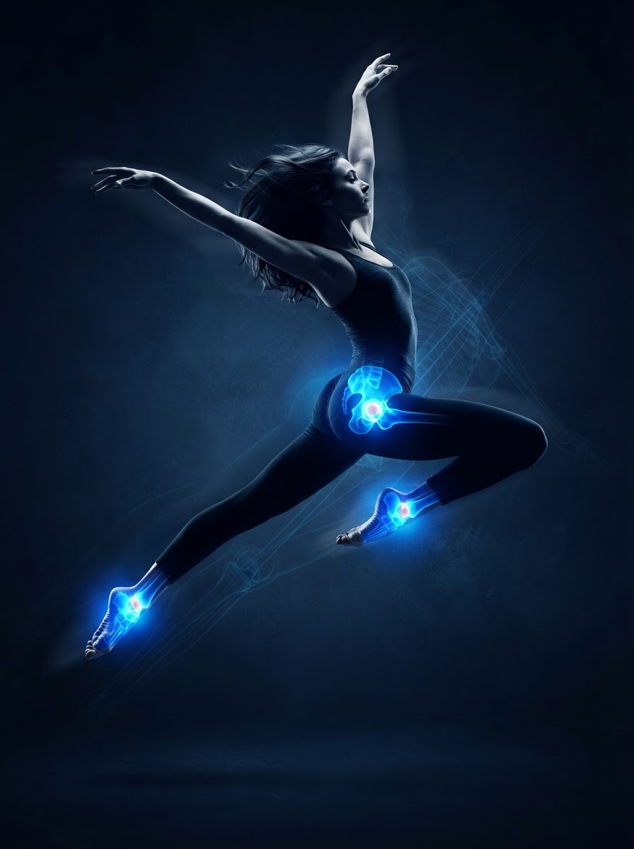Contemporary dancer with glowing blue foot, ankle, and hip injury hotspot areas — sports physical therapy Woodstock GA