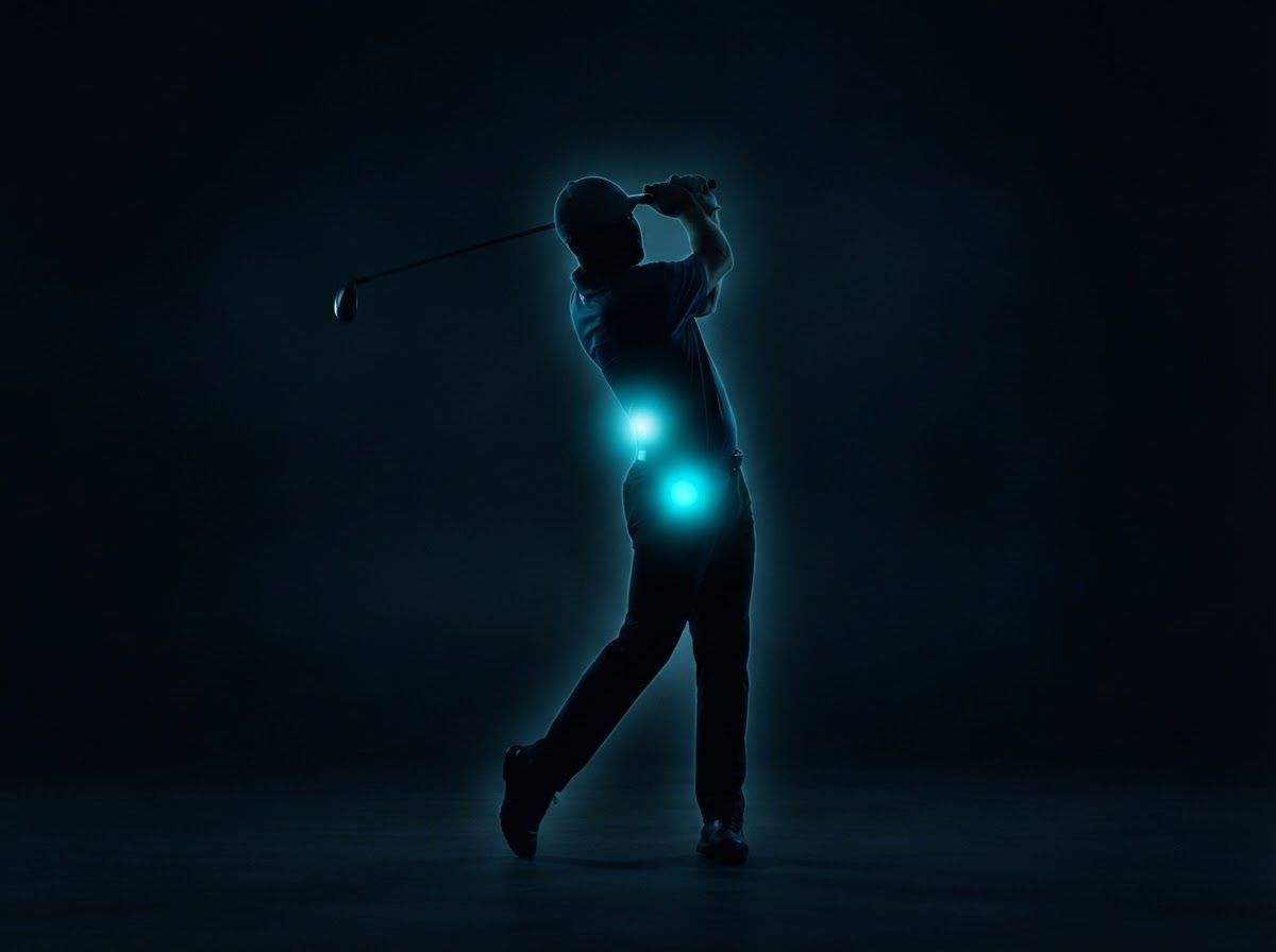 Golfer silhouette with glowing lumbar spine and hip injury hotspot areas — sports physical therapy Woodstock GA