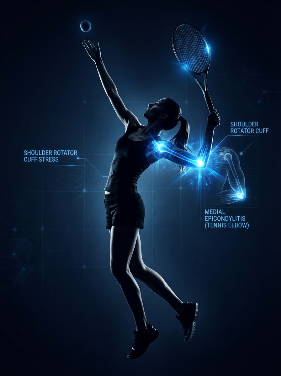 Tennis player with glowing blue elbow and shoulder injury hotspot areas — sports physical therapy Woodstock GA