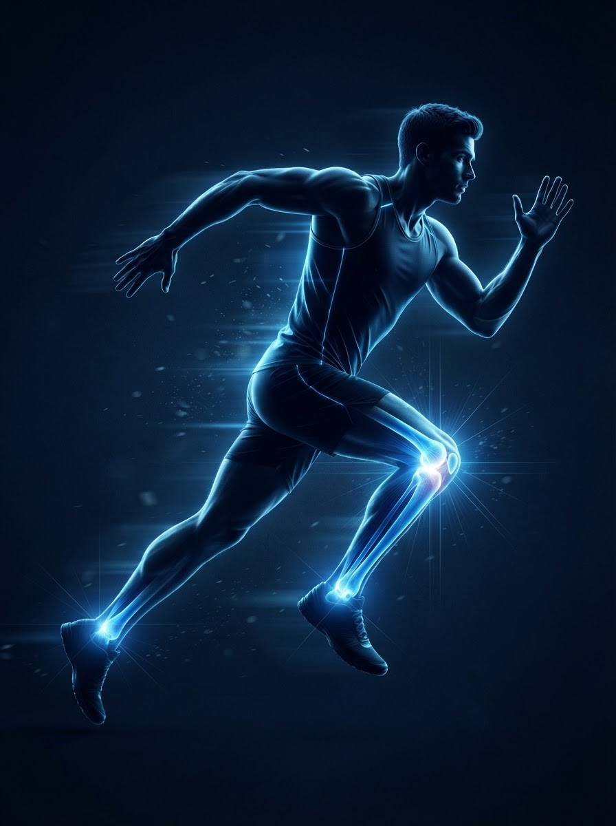Runner with glowing blue knee, shin, and achilles injury hotspot areas — sports physical therapy Woodstock GA