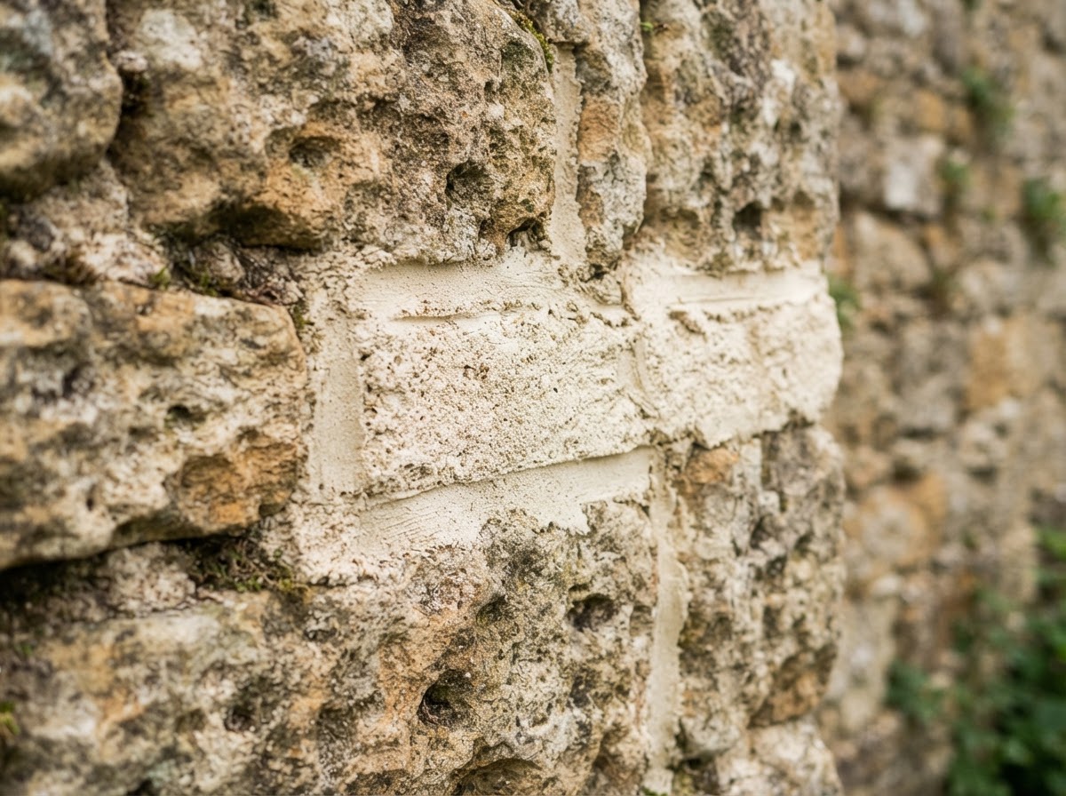 Close-up of lime pointing on aged stone masonry