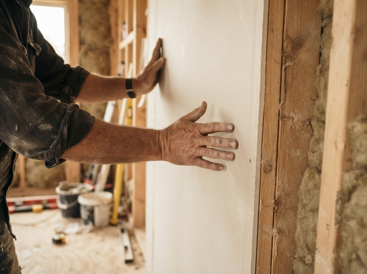 Close-up of a plasterer's hands fixing plasterboard during dry lining work