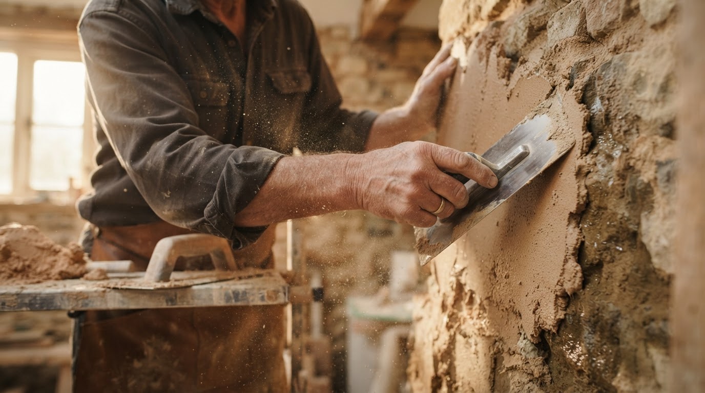 Master plasterer applying lime plaster to a traditional stone wall with a trowel