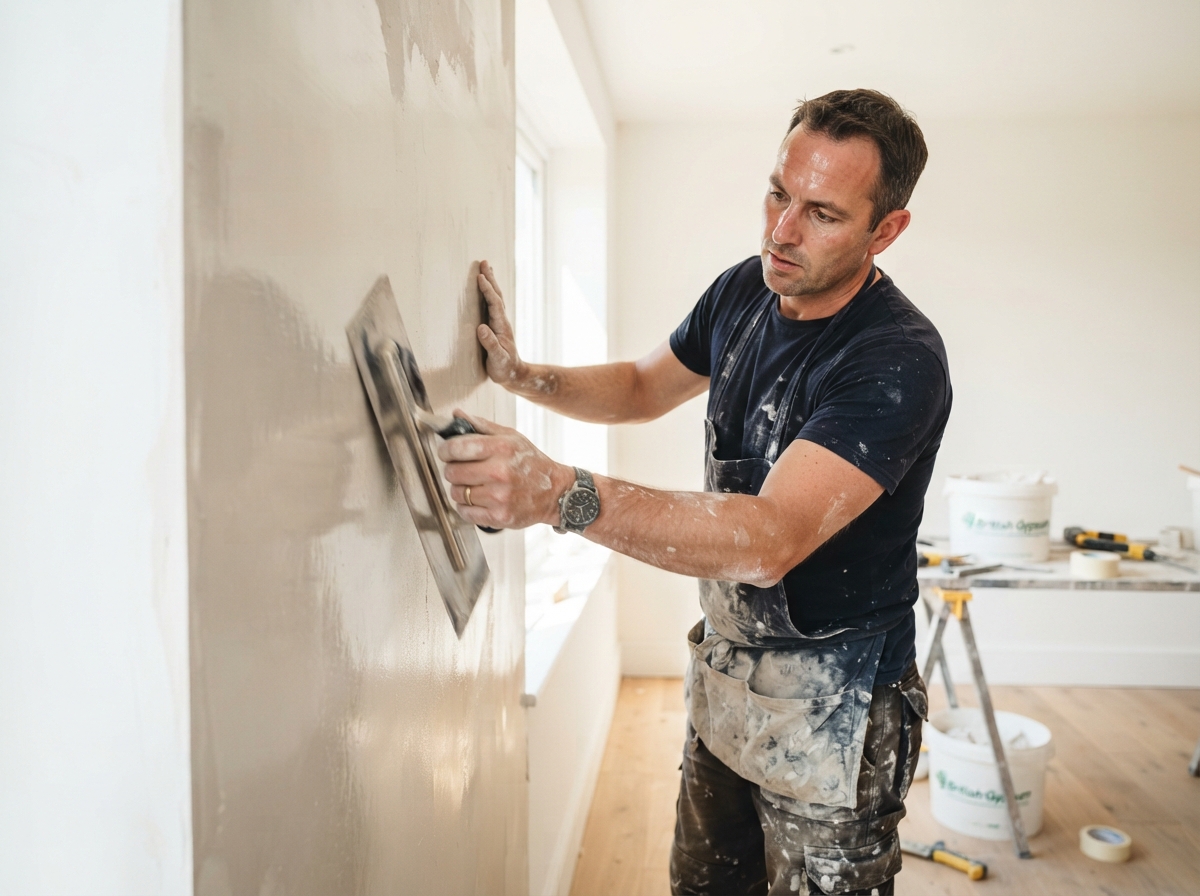 Plasterer skimming a wall to a perfectly smooth finish
