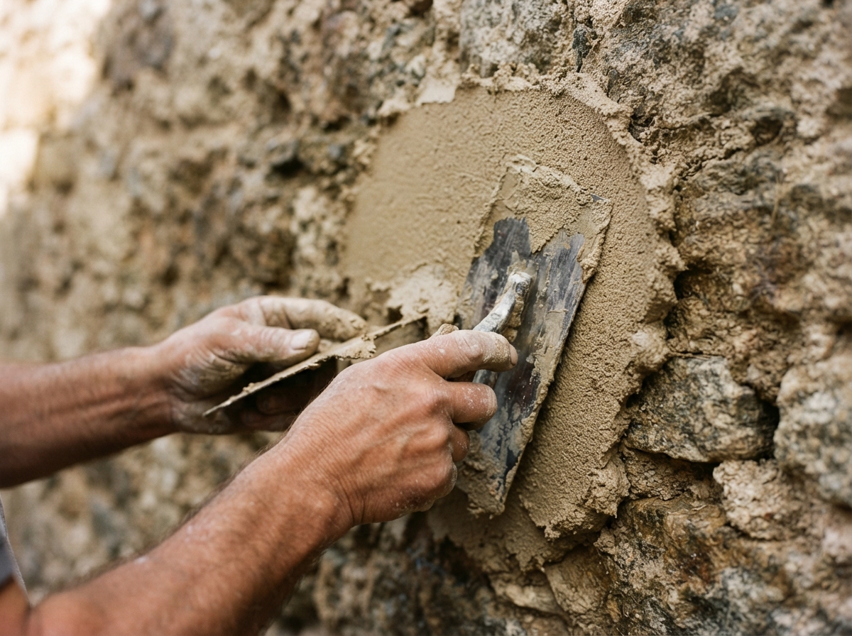 Close-up of a plasterer's hands applying lime plaster to a traditional stone wall