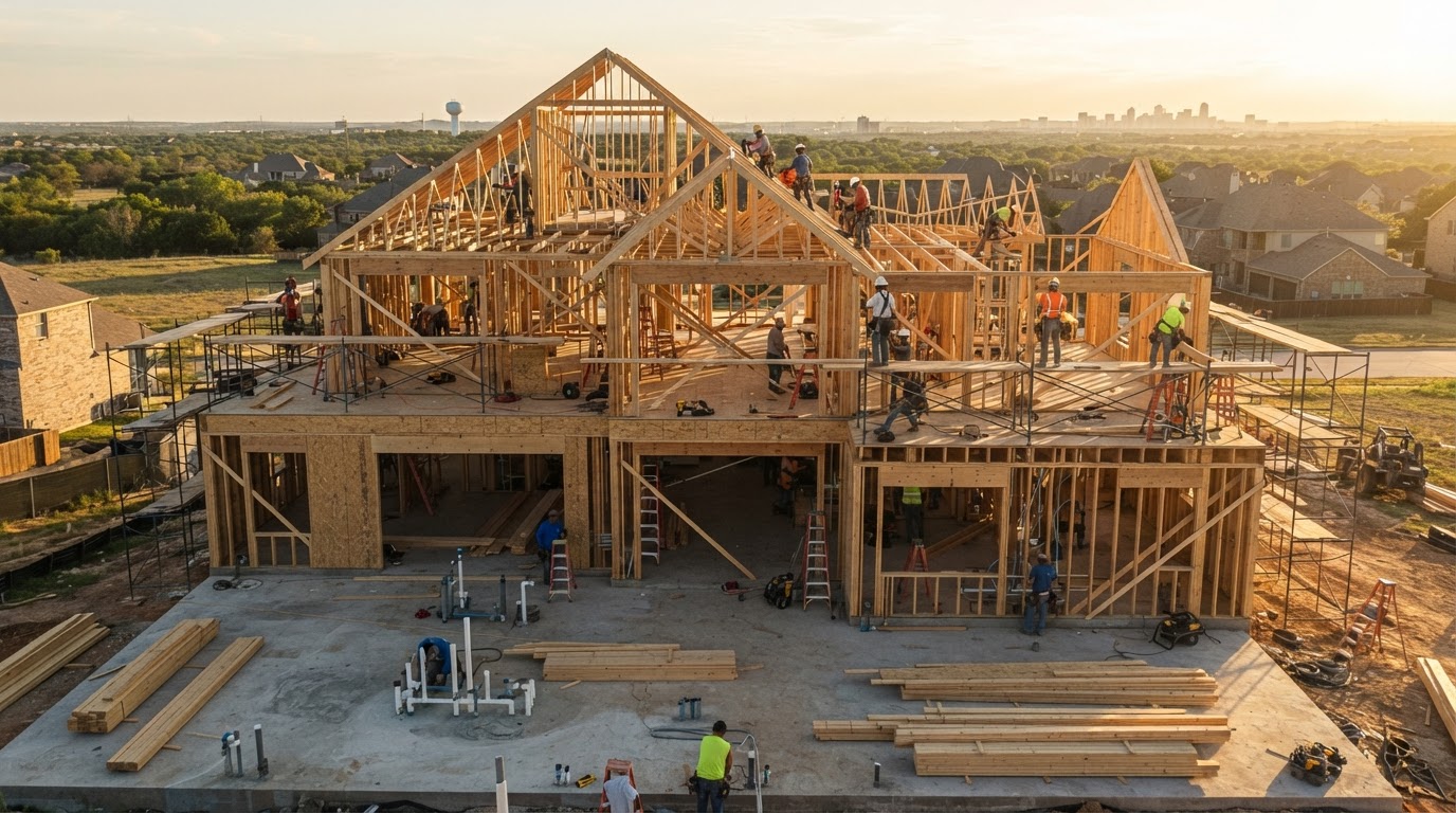 Custom home build at framing stage with multiple trades working