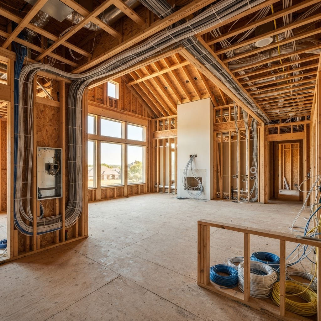 Wide view of low-voltage prewire cable runs neatly bundled across open wall studs and ceiling joists in a custom home at rough-in