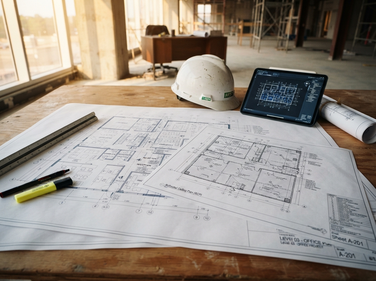 Rolled blueprint construction plans and reflected ceiling plans on a table